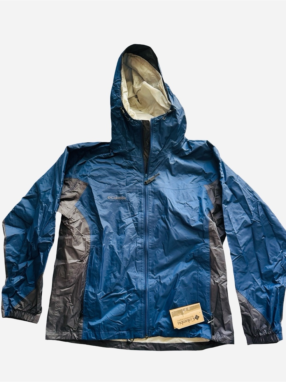 Columbia Men's Blue and Gray Hooded Raincoat